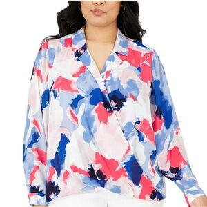 Alfani Surplice V Neck Chiffon Top Long Sleeve Wrap White Blue Pink Red Sz L